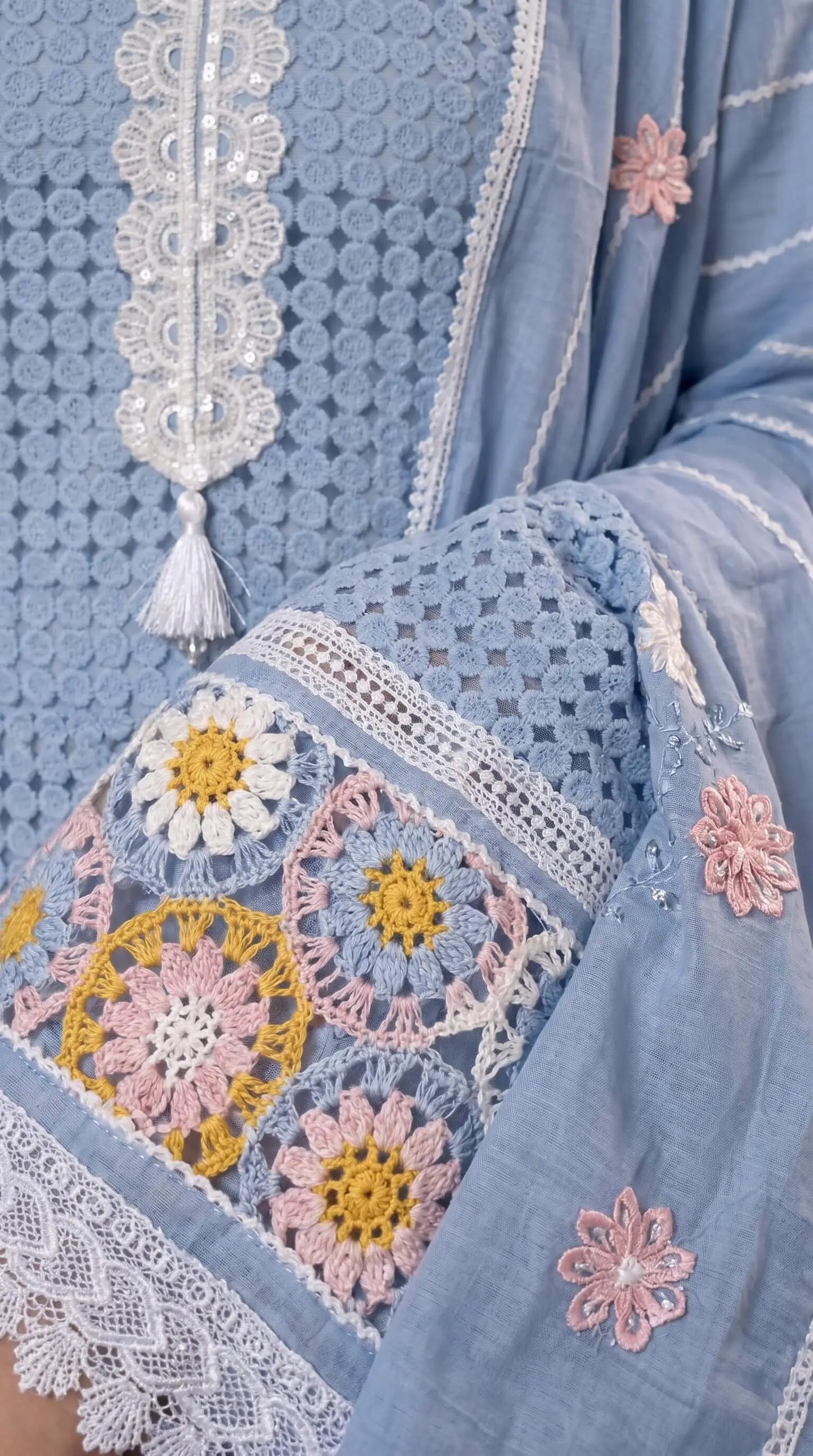 Blue Crochet Embroidered Pakistani Jute Mull Suit