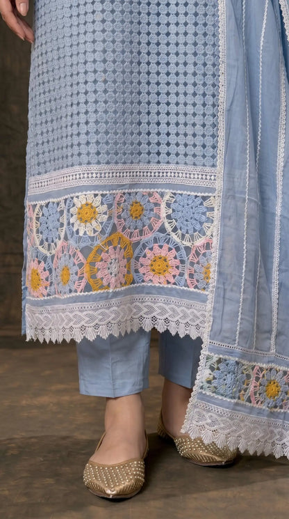 Blue Crochet Embroidered Pakistani Jute Mull Suit