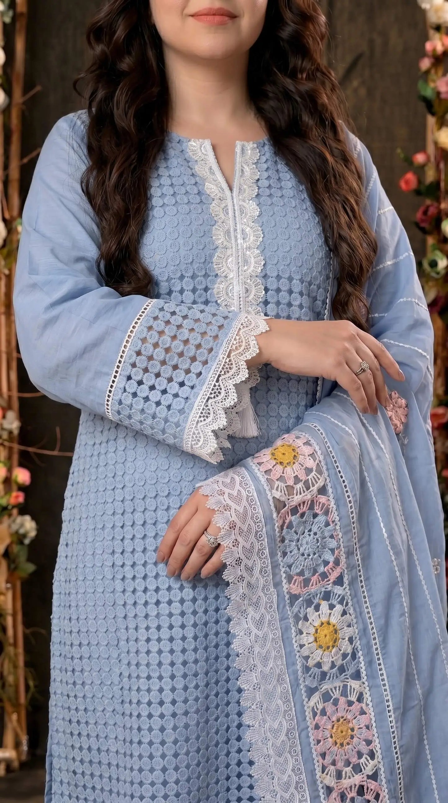 Blue Crochet Embroidered Pakistani Jute Mull Suit