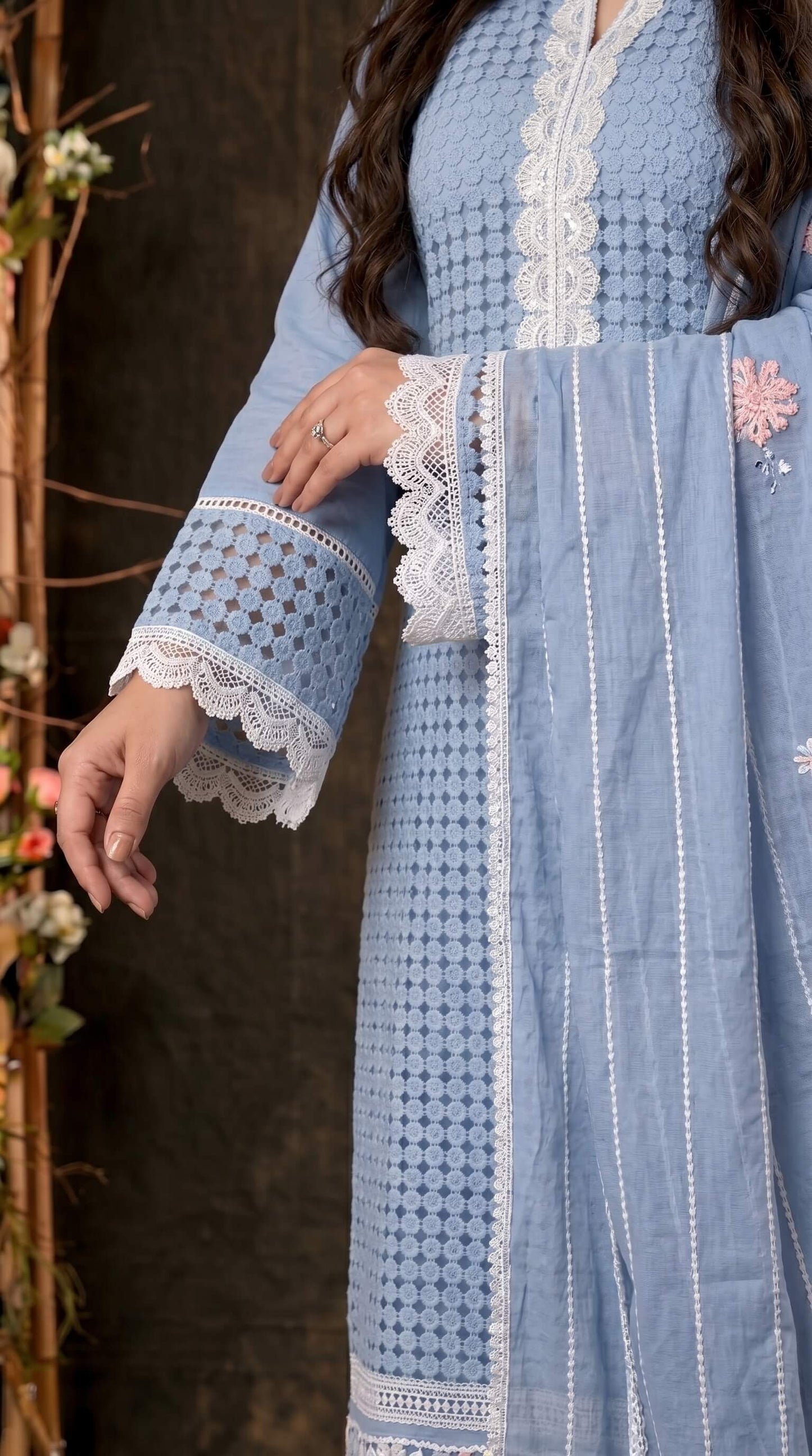 Sky Blue Crochet Embroidered Pakistani Jute Mull Suit