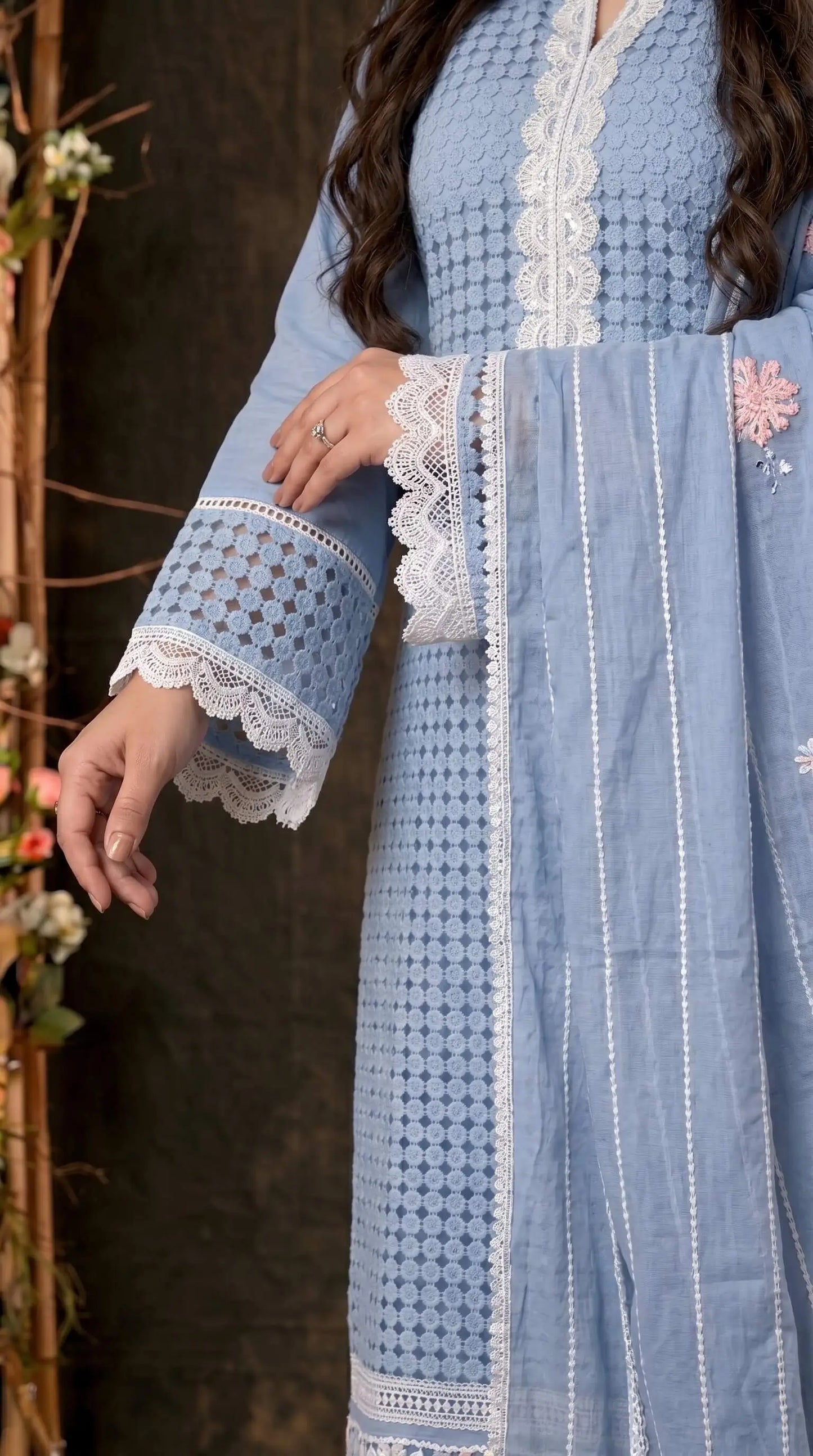 Blue Crochet Embroidered Pakistani Jute Mull Suit