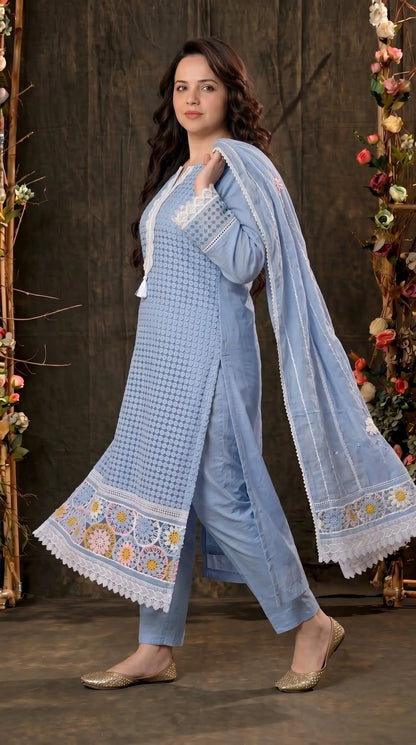 Blue Crochet Embroidered Pakistani Jute Mull Suit