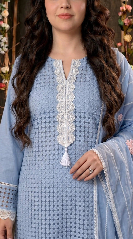 Blue Crochet Embroidered Pakistani Jute Mull Suit