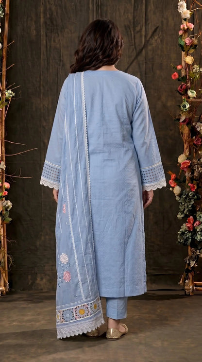Blue Crochet Embroidered Pakistani Jute Mull Suit