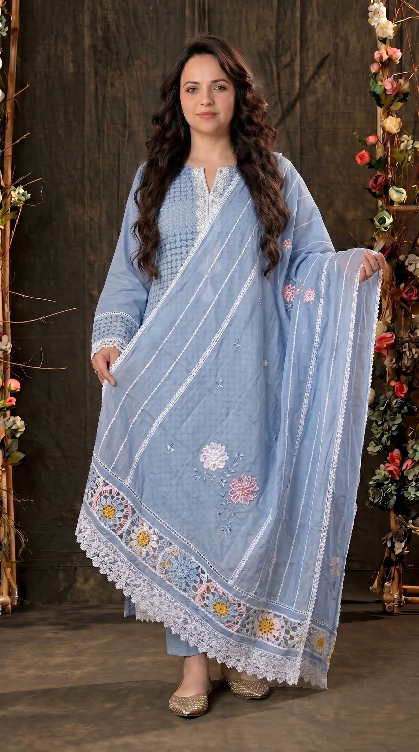 Sky Blue Crochet Embroidered Pakistani Jute Mull Suit
