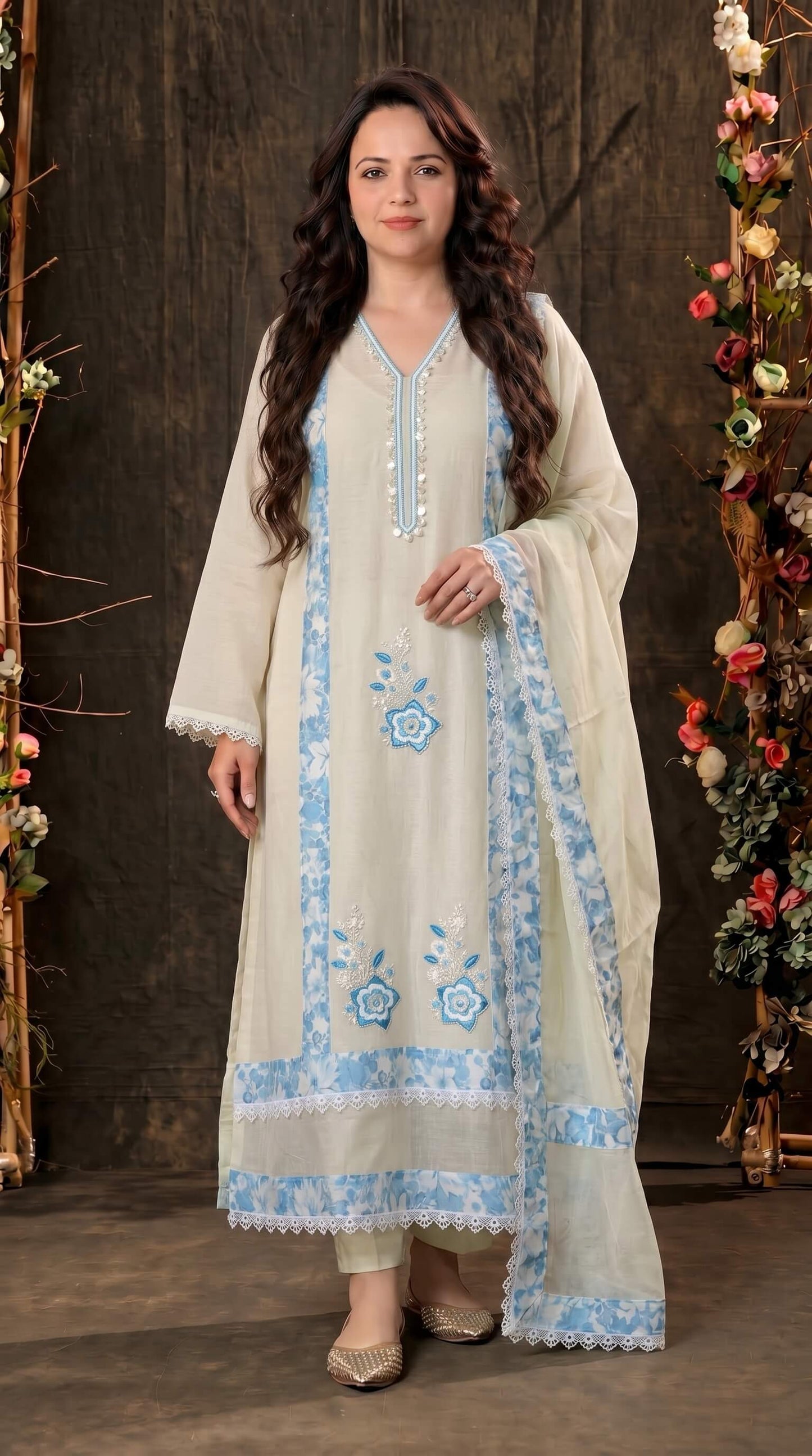 Soft Mull Cotton Pakistani Suit with Blue Floral Borders & Lace Detailing
