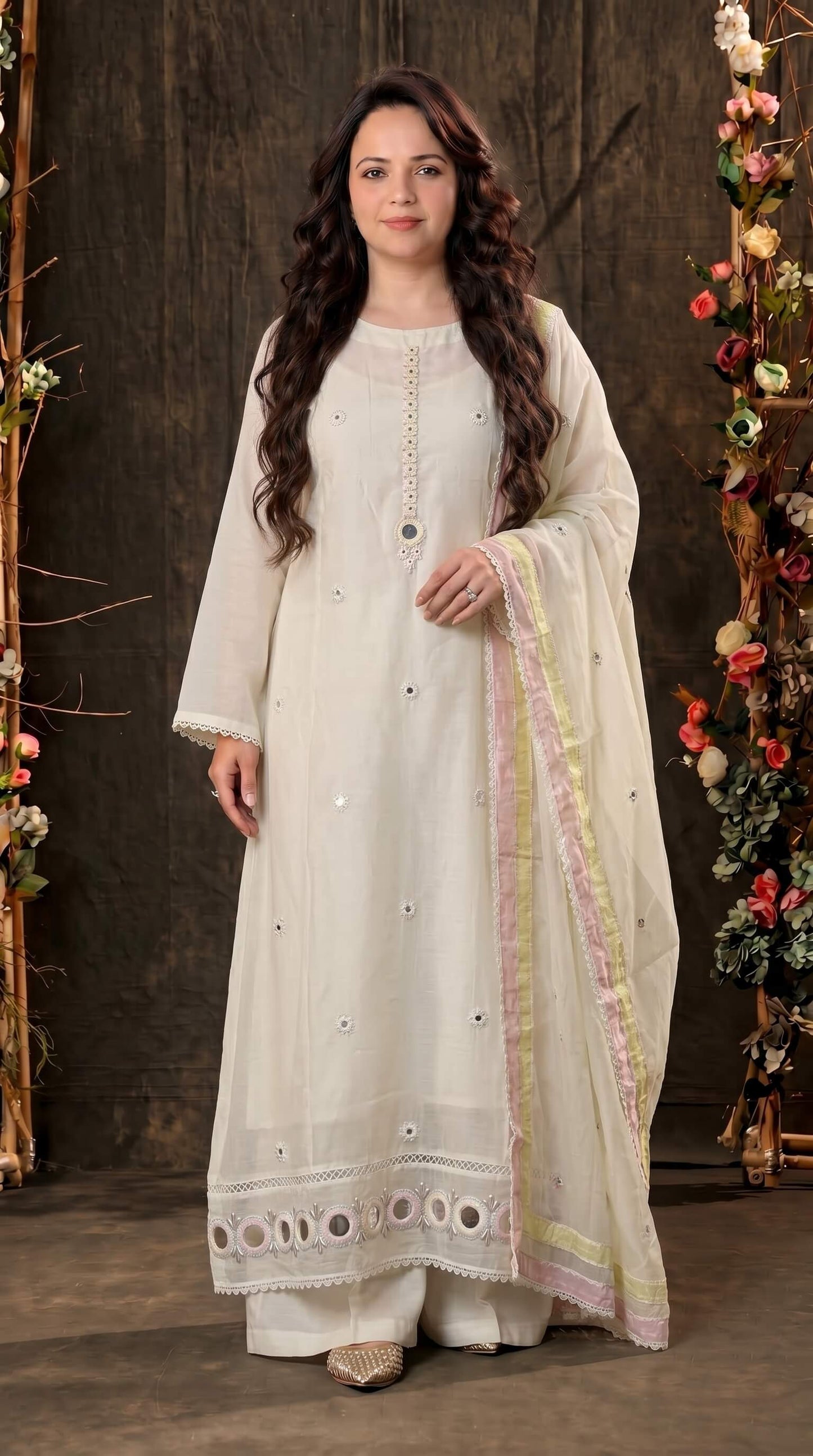 Designer Pakistani Suit with Mirror Embroidery & Soft Cotton Dupatta