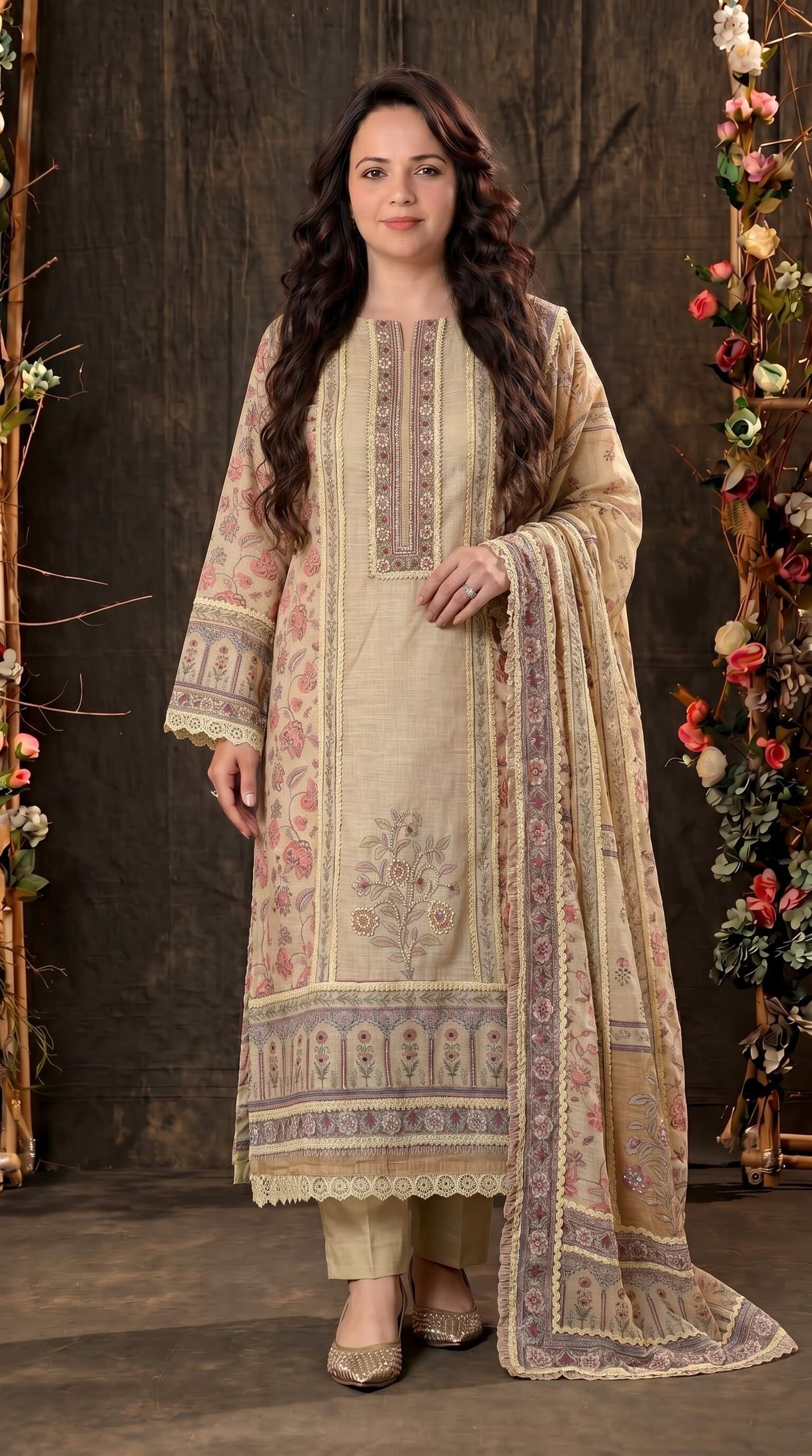 Luxury Pakistani Linen Cotton Suit with Floral Print & Lace Work
