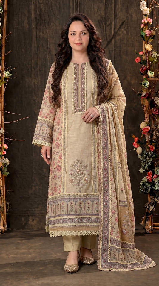 Luxury Pakistani Linen Cotton Suit with Floral Print & Lace Work
