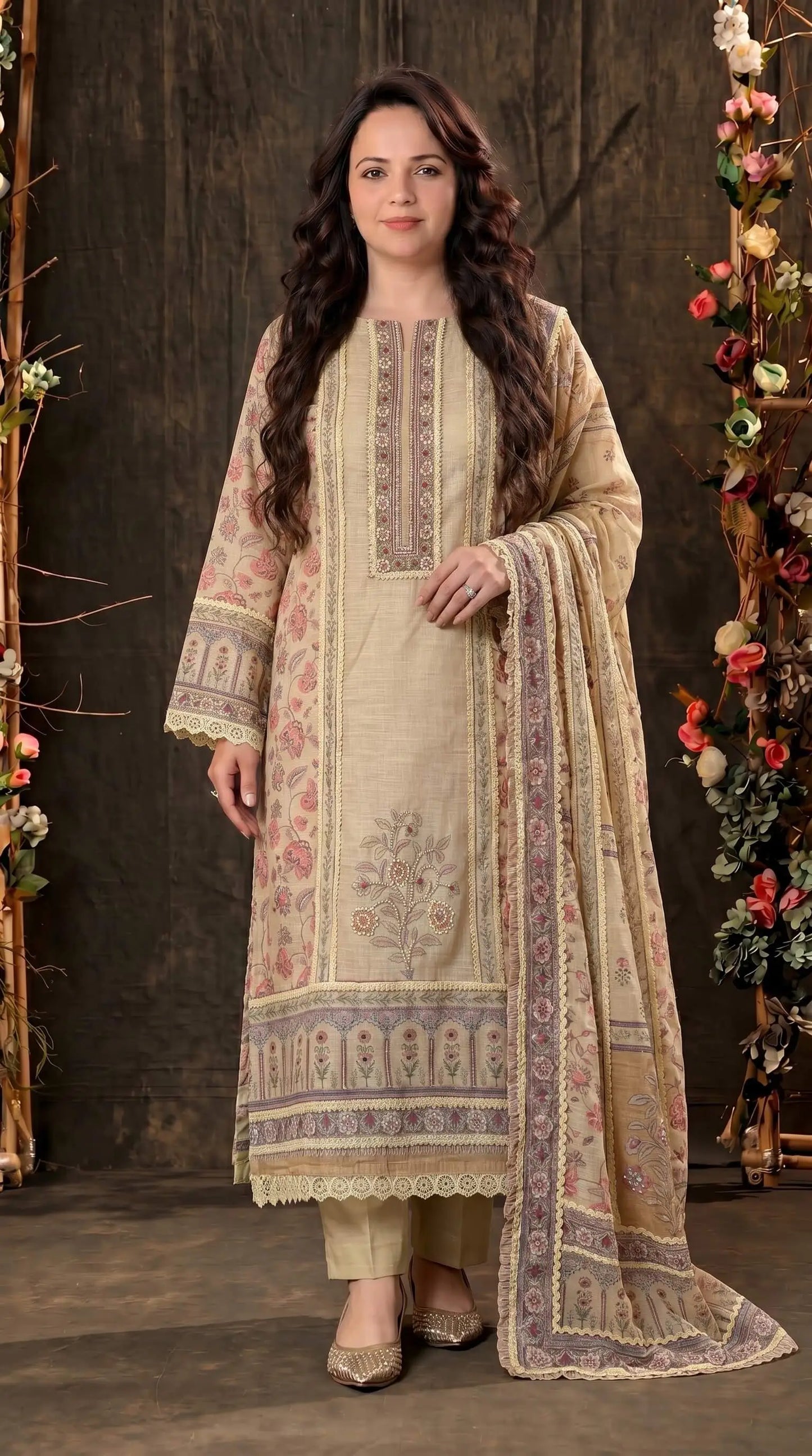 Luxury Pakistani Linen Cotton Suit with Floral Print & Lace Work