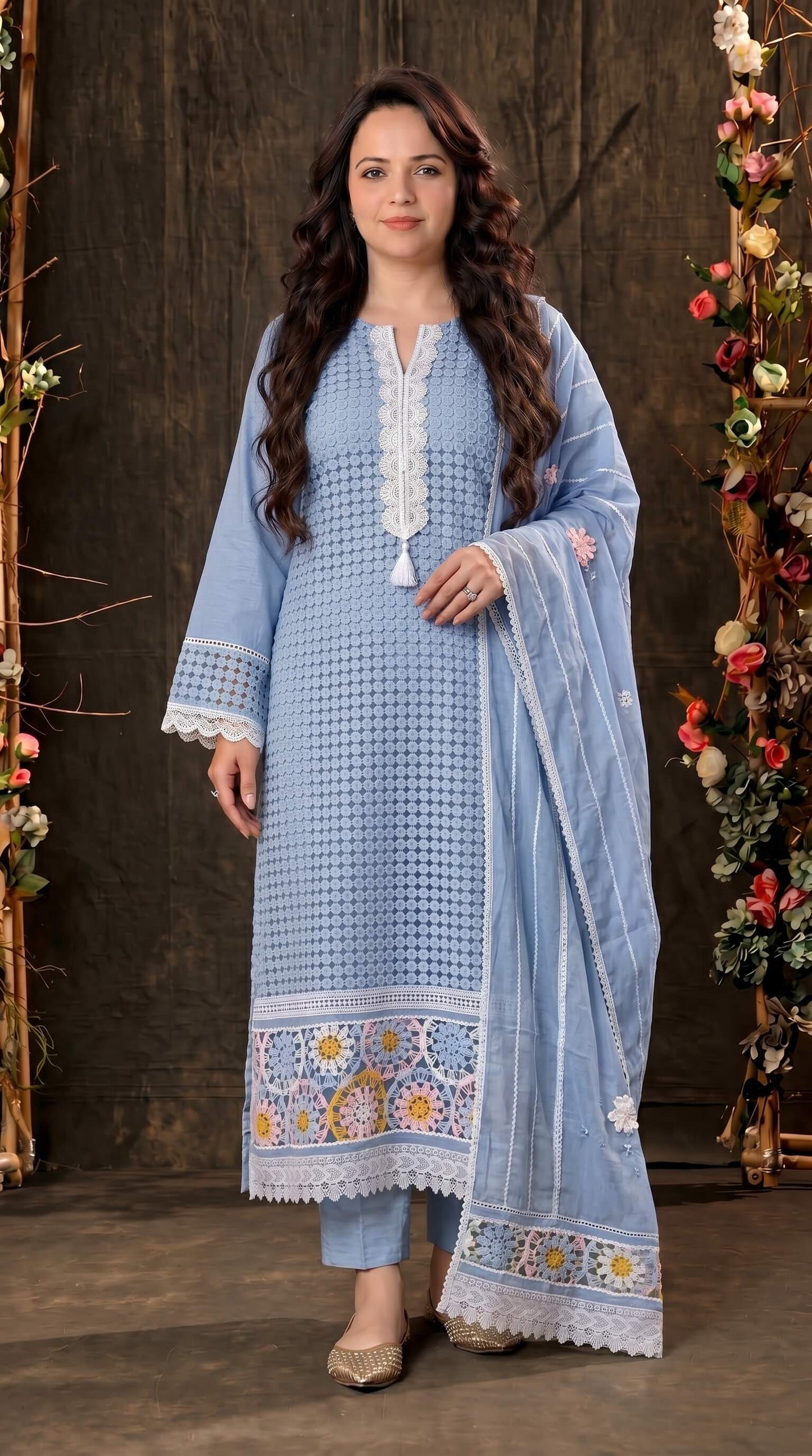 Sky Blue Crochet Embroidered Pakistani Jute Mull Suit
