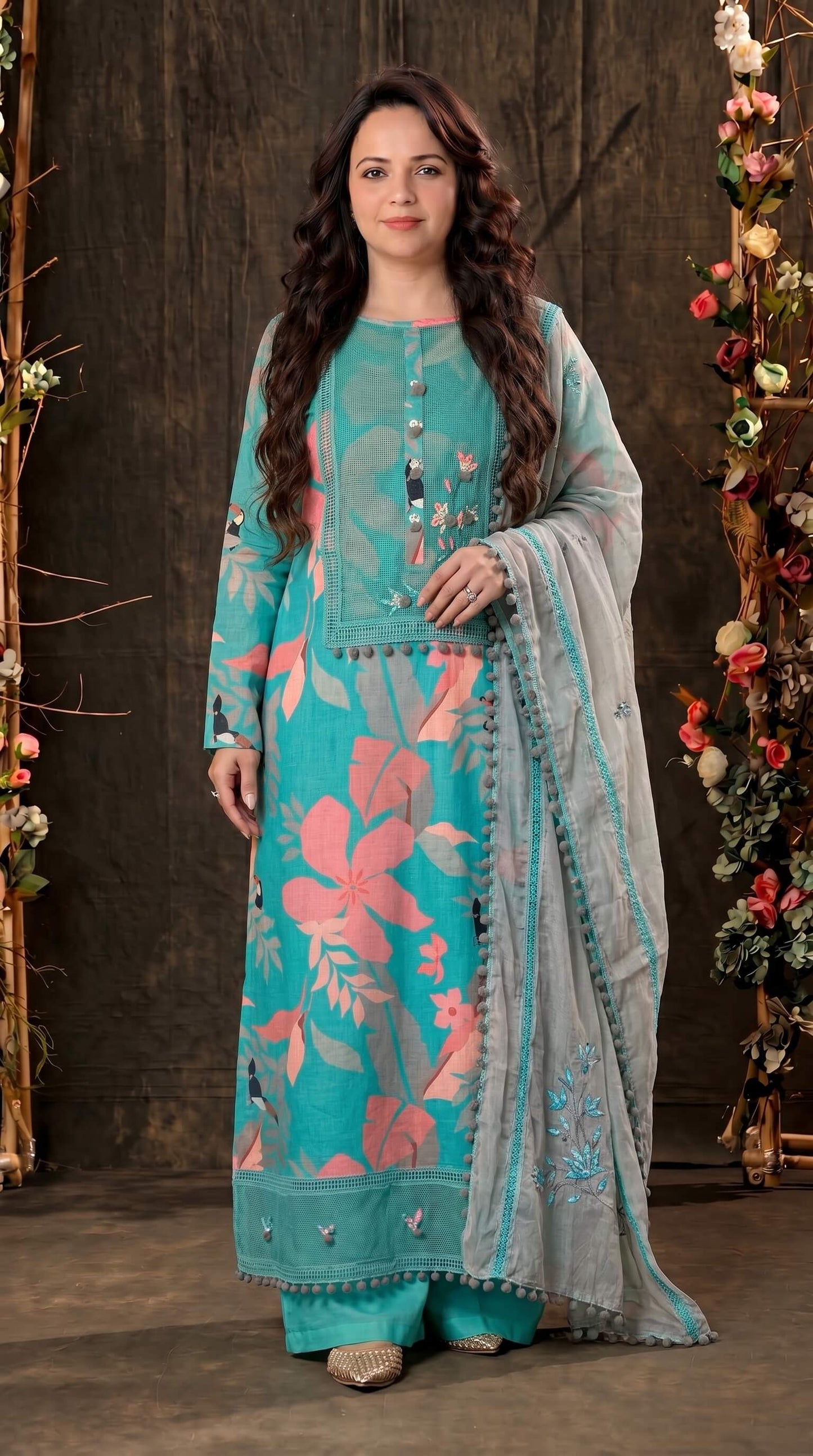 Teal Designer Ethnic Suit with Floral Print & Lace Work