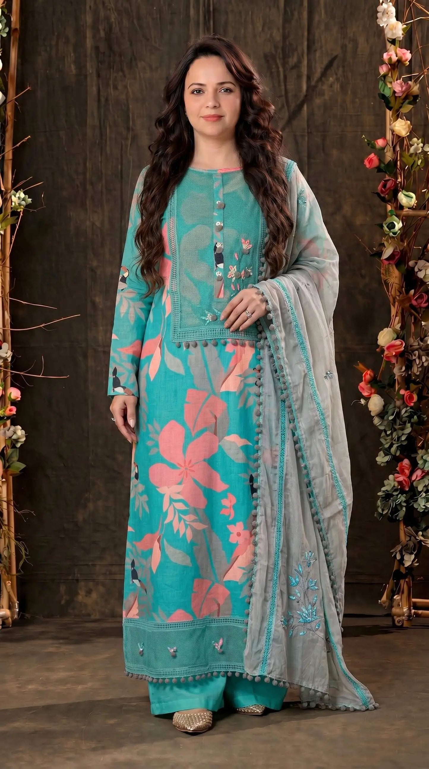 Teal Designer Ethnic Suit with Floral Print & Lace Work