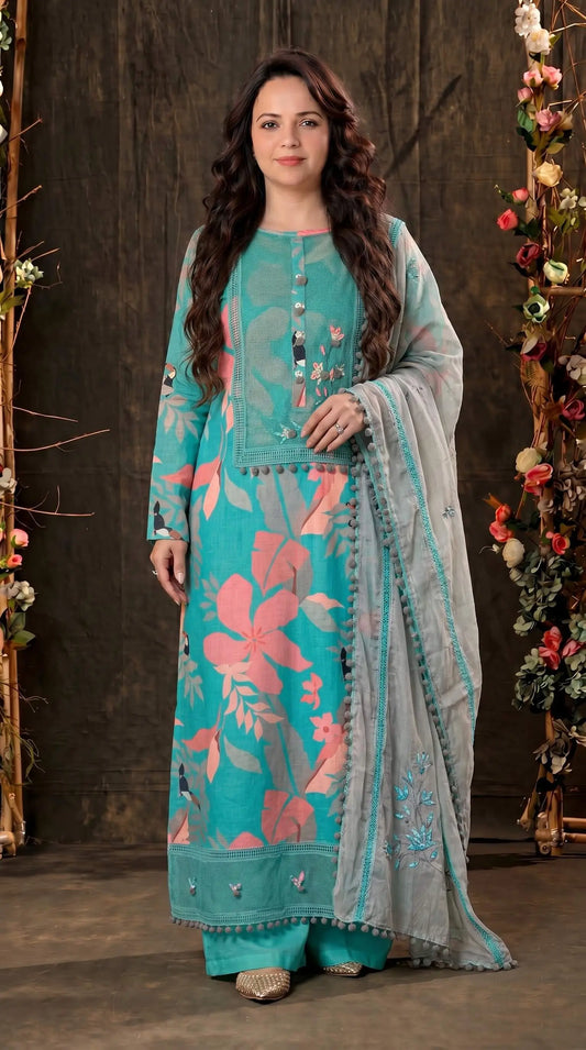 Teal Designer Ethnic Suit with Floral Print & Lace Work