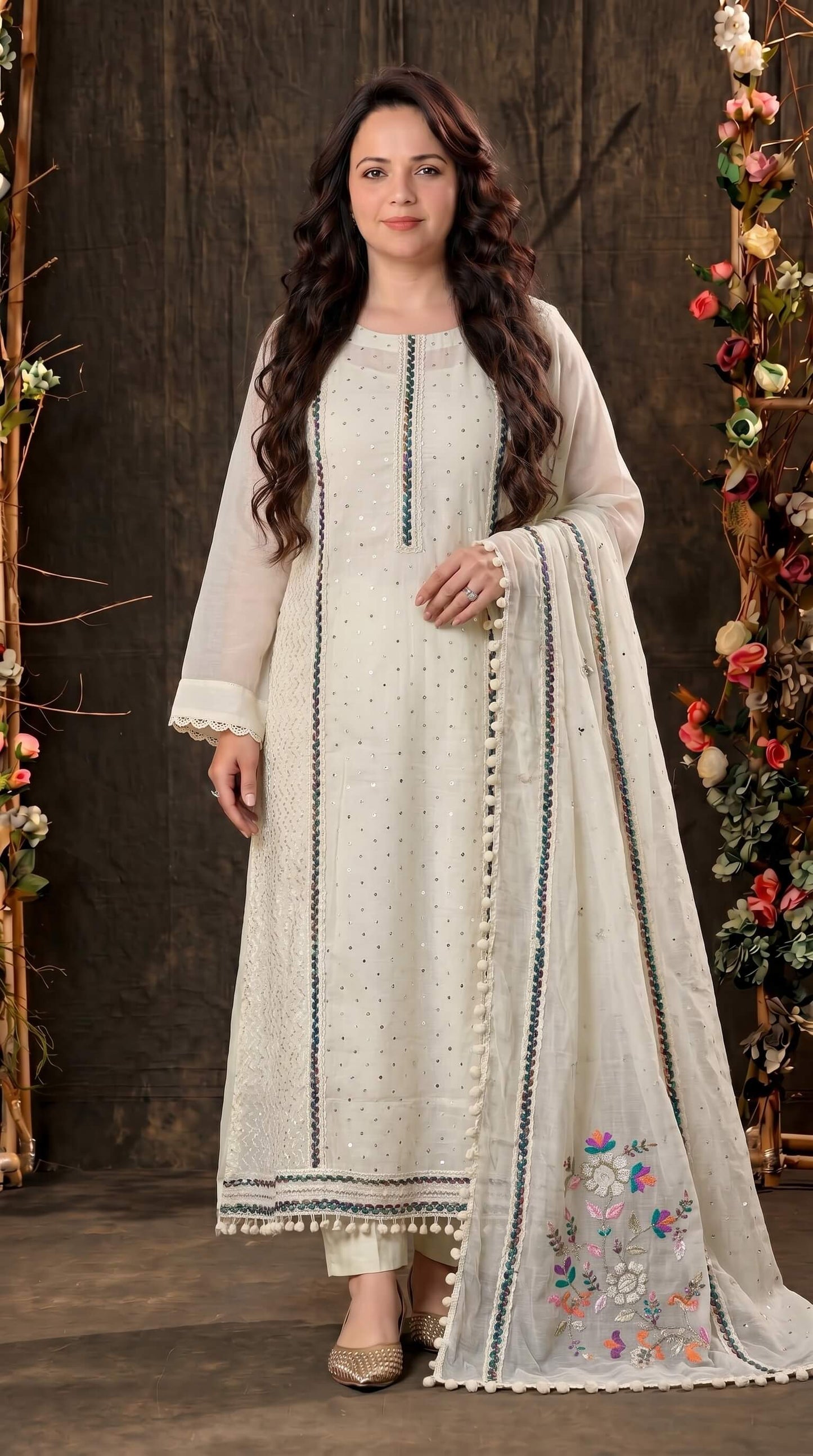 Premium Pakistani Mull Chanderi Suit with Sequin Work & Embroidered Dupatta