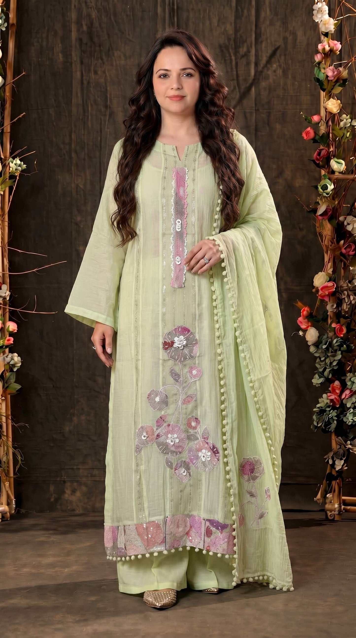 Festive Floral Mull Cotton Pakistani Suit with Floral Sequin Work
