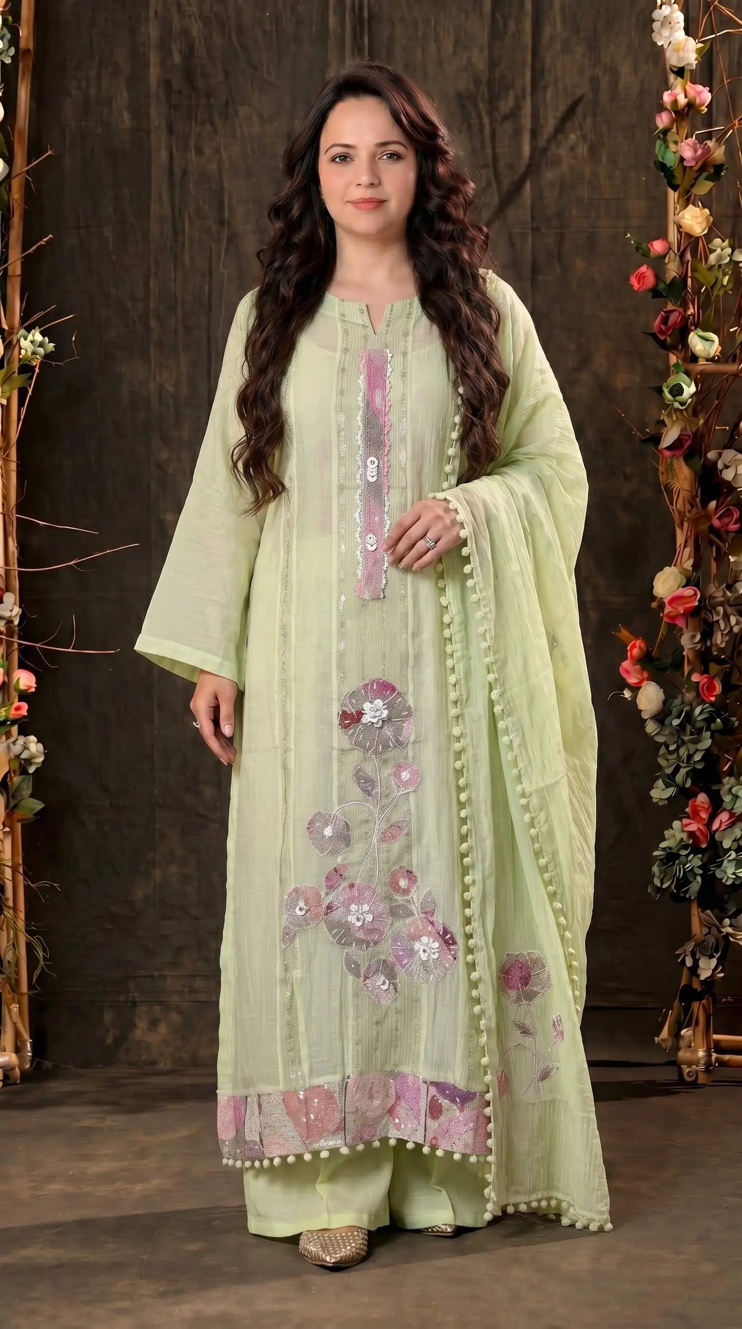 Festive Floral Mull Cotton Pakistani Suit with Floral Sequin Work
