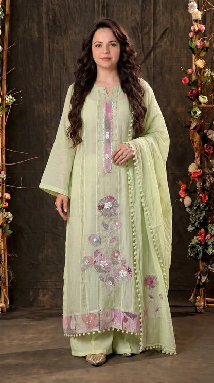 Festive Floral Mull Cotton Pakistani Suit with Floral Sequin Work