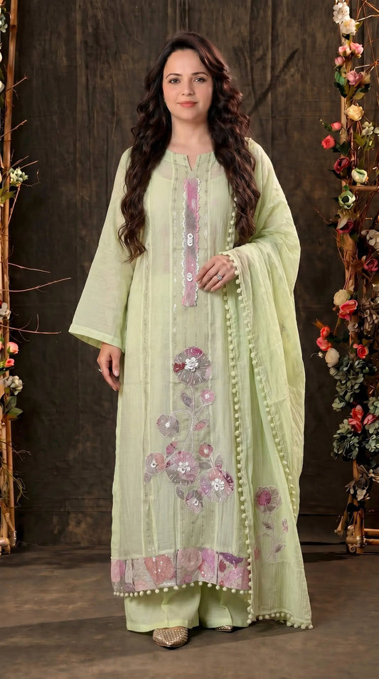 Festive Floral Mull Cotton Pakistani Suit with Floral Sequin Work