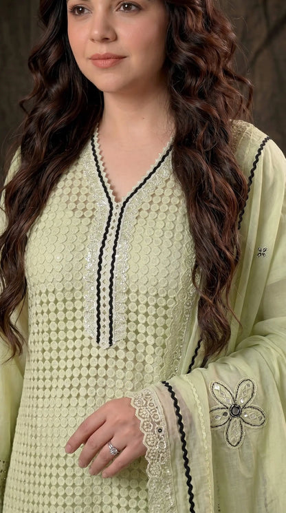 Designer Zut Mull Cotton Suit with Elegant Black Detailing