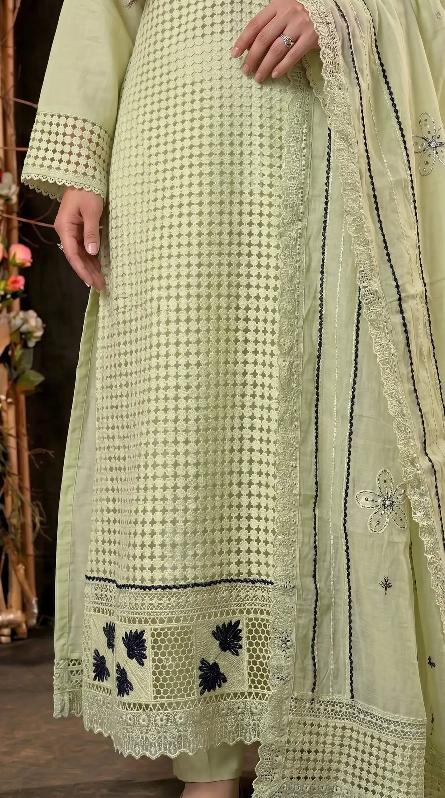 Designer Zut Mull Cotton Suit with Elegant Black Detailing