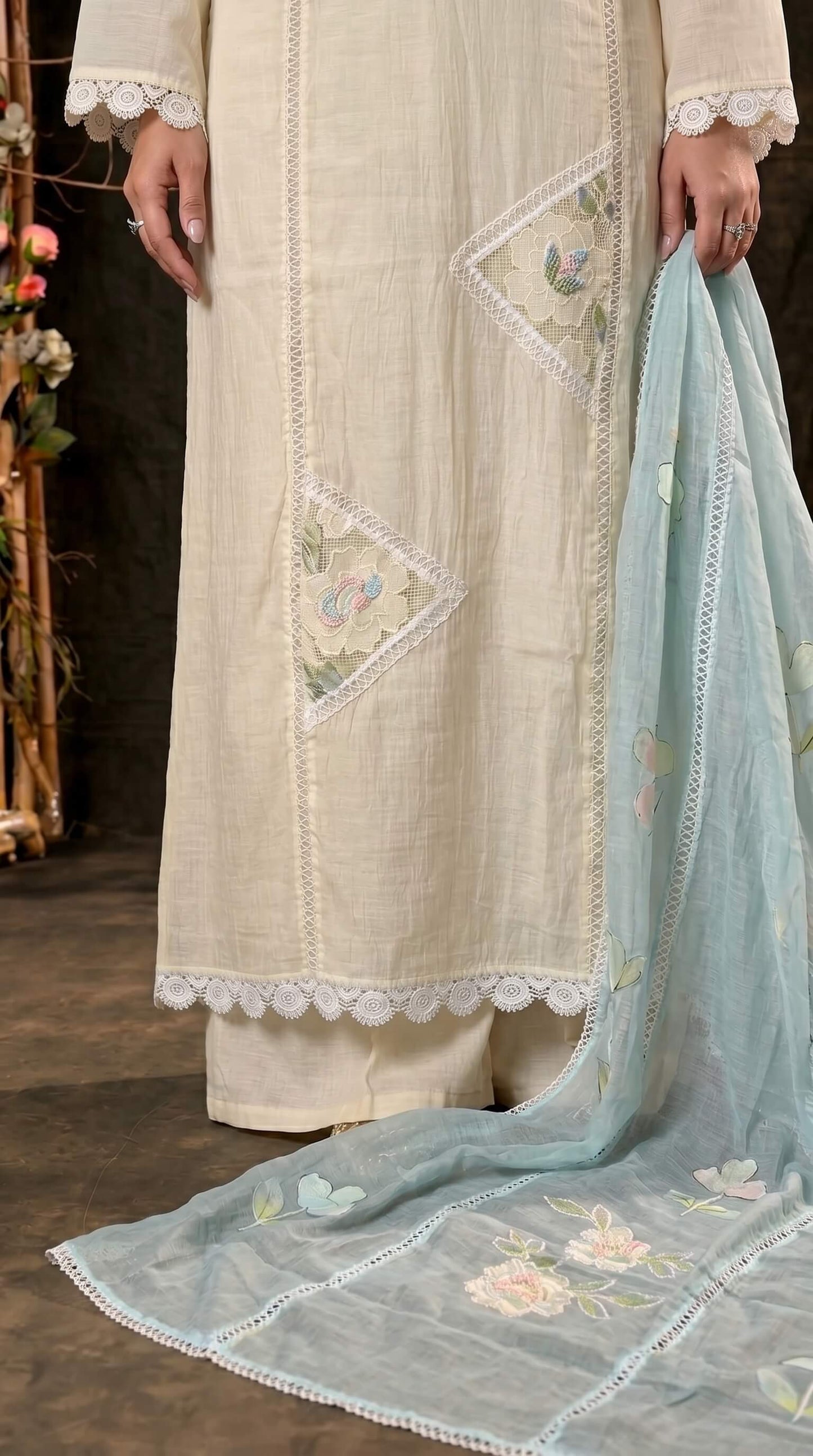White Floral Ethnic Suit with Embroidered Mull Cotton Blue Dupatta
