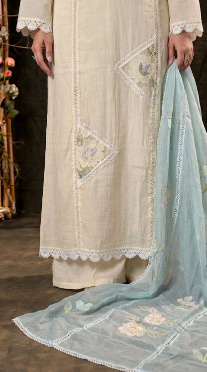 Floral Ethnic Suit with Embroidered Mull Cotton Blue Dupatta
