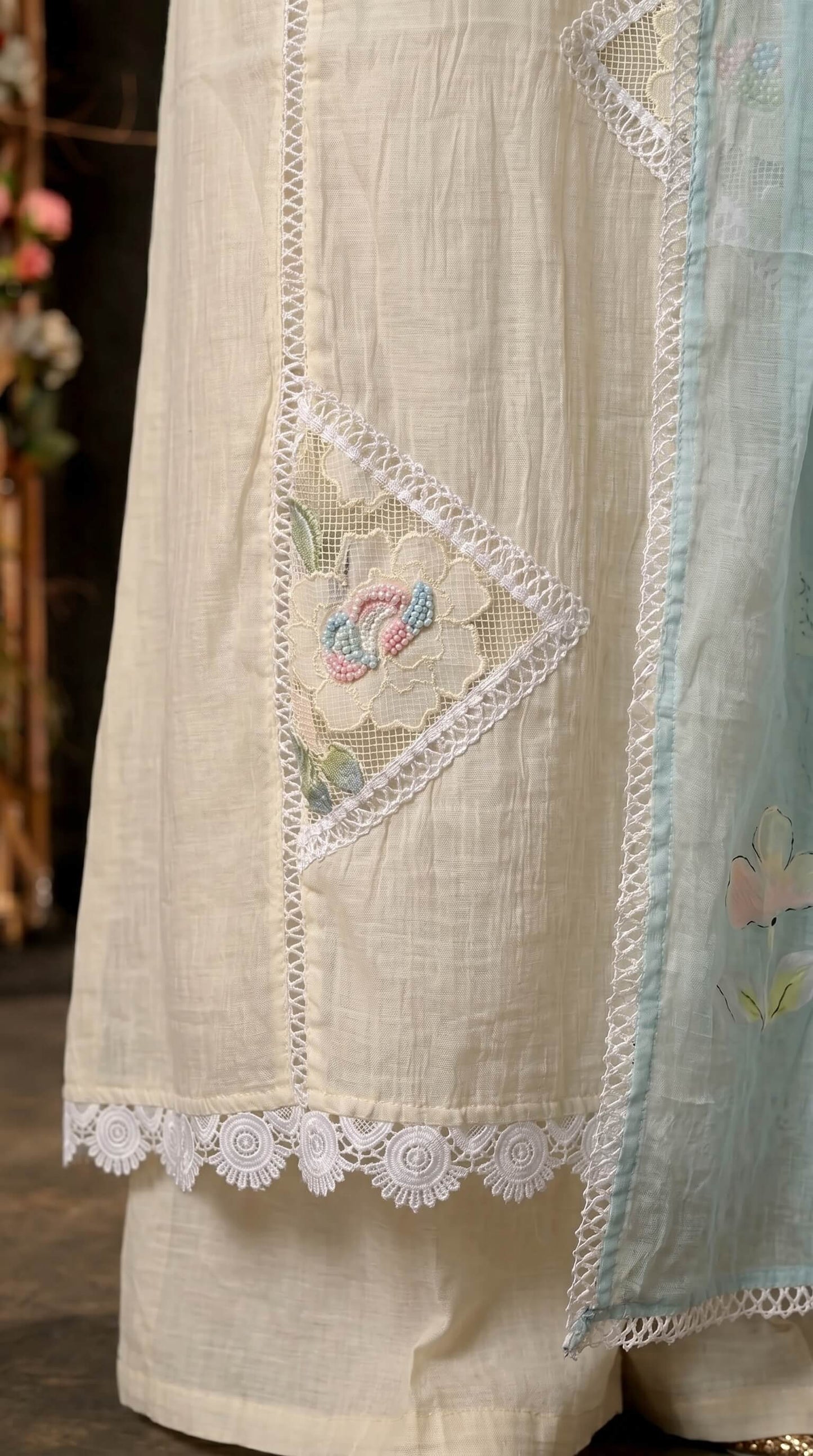 White Floral Ethnic Suit with Embroidered Mull Cotton Blue Dupatta