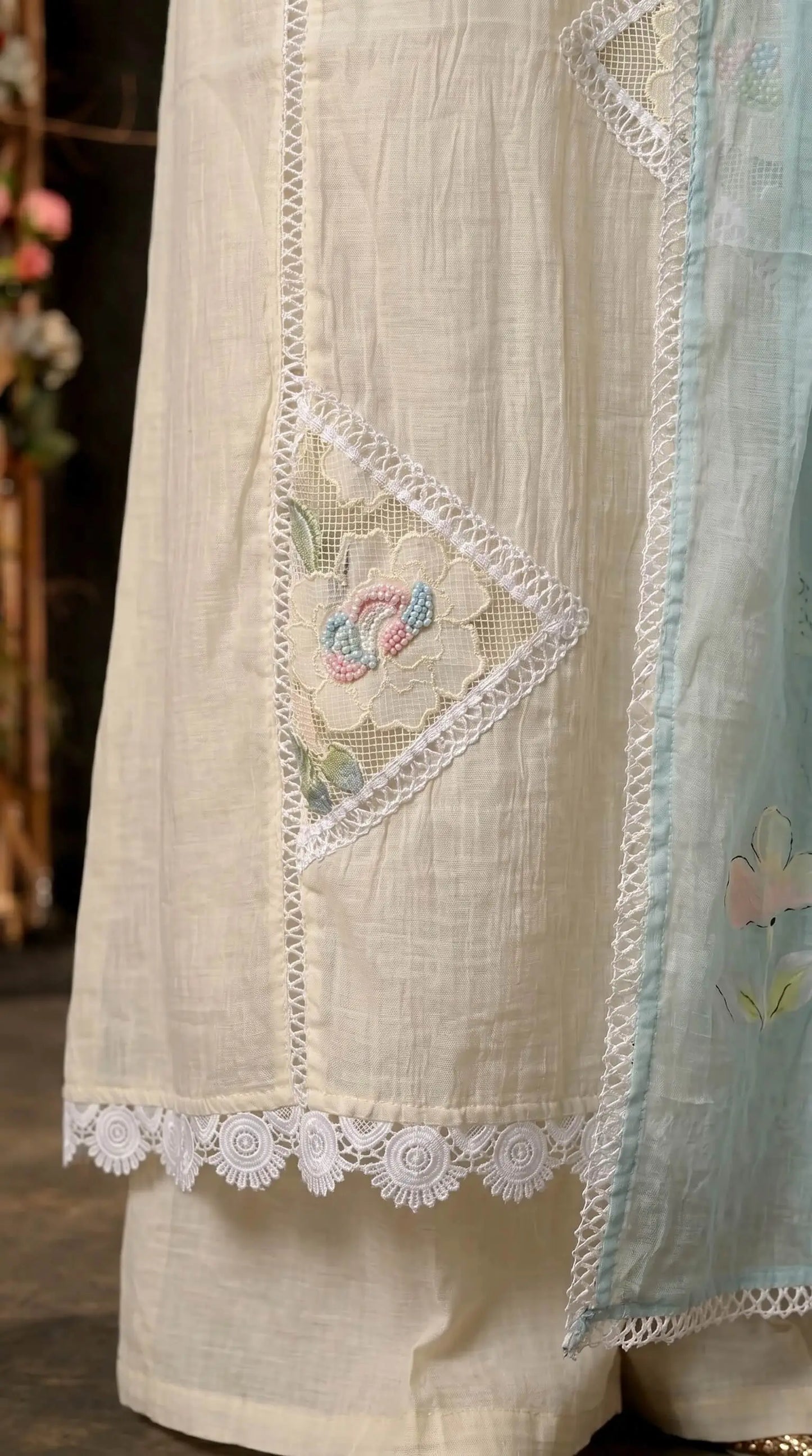 Floral Ethnic Suit with Embroidered Mull Cotton Blue Dupatta