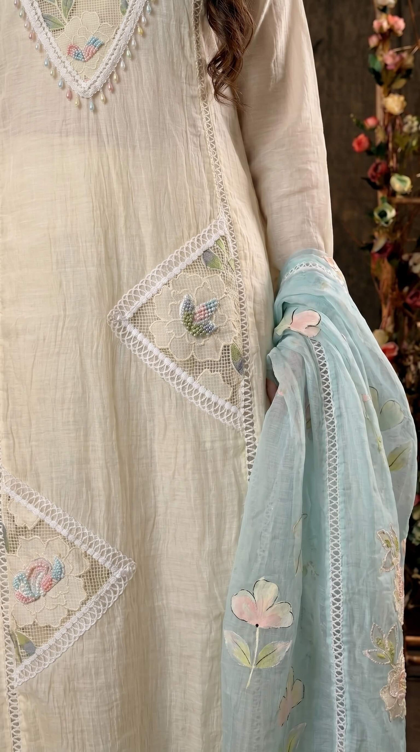 White Floral Ethnic Suit with Embroidered Mull Cotton Blue Dupatta