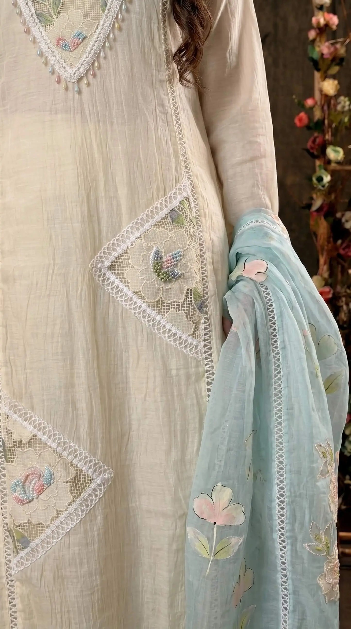 Floral Ethnic Suit with Embroidered Mull Cotton Blue Dupatta