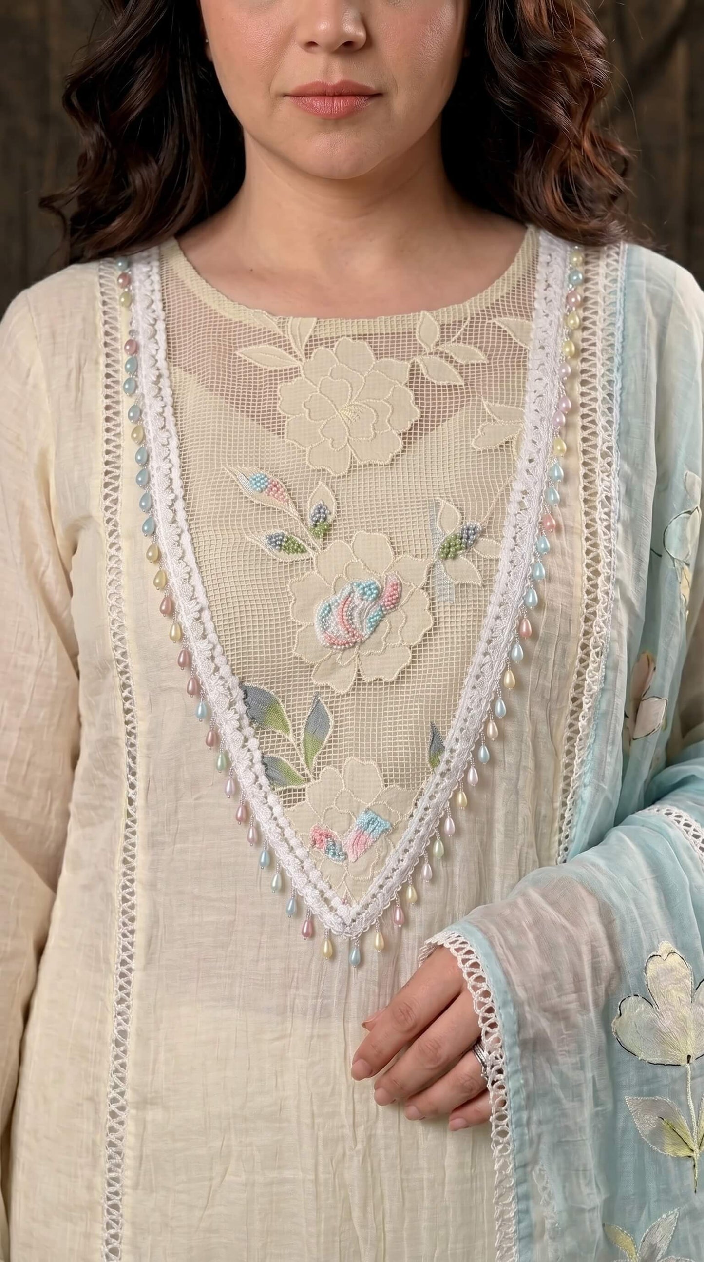 White Floral Ethnic Suit with Embroidered Mull Cotton Blue Dupatta