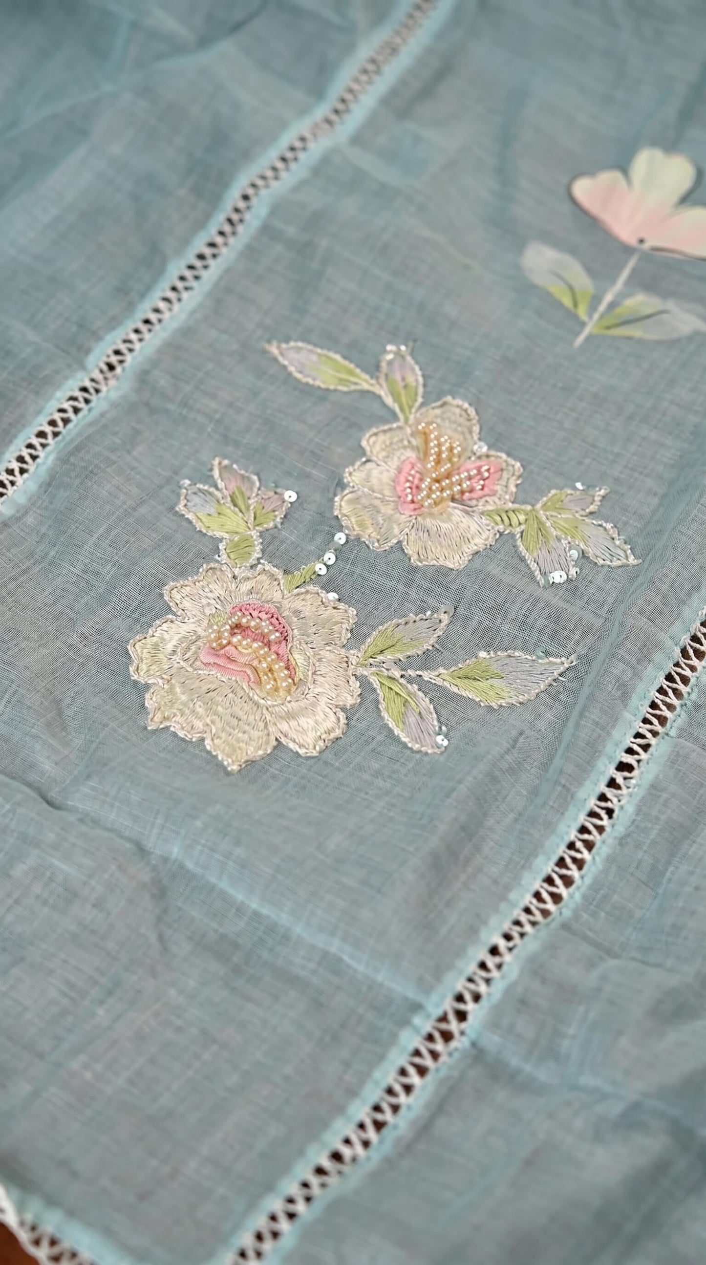 White Floral Ethnic Suit with Embroidered Mull Cotton Blue Dupatta