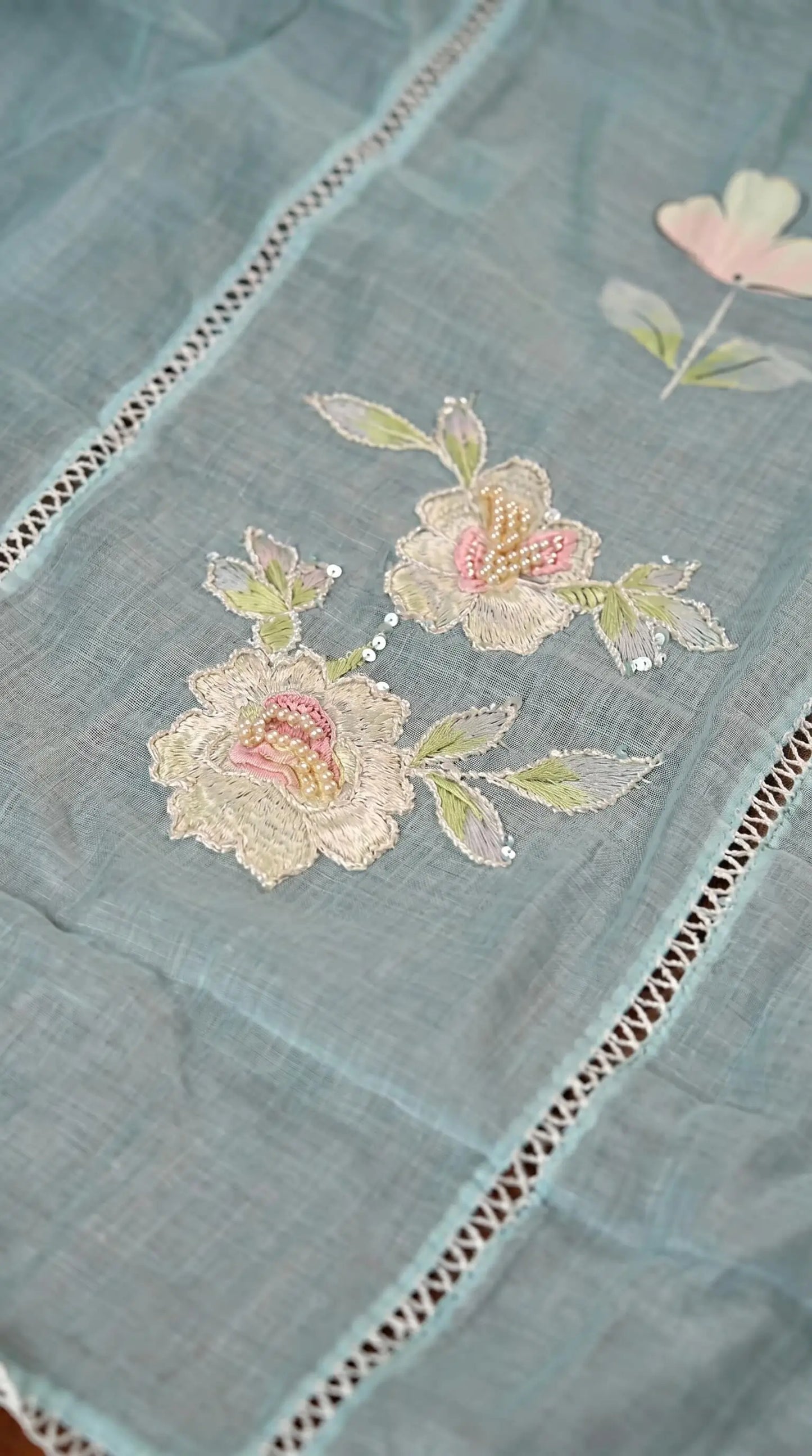 Floral Ethnic Suit with Embroidered Mull Cotton Blue Dupatta