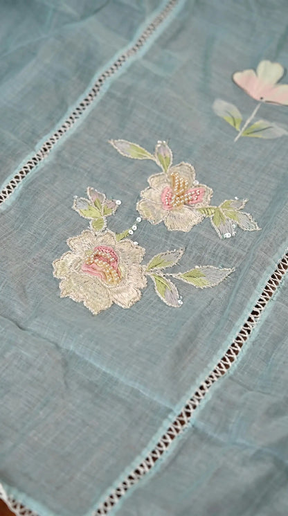 Floral Ethnic Suit with Embroidered Mull Cotton Blue Dupatta