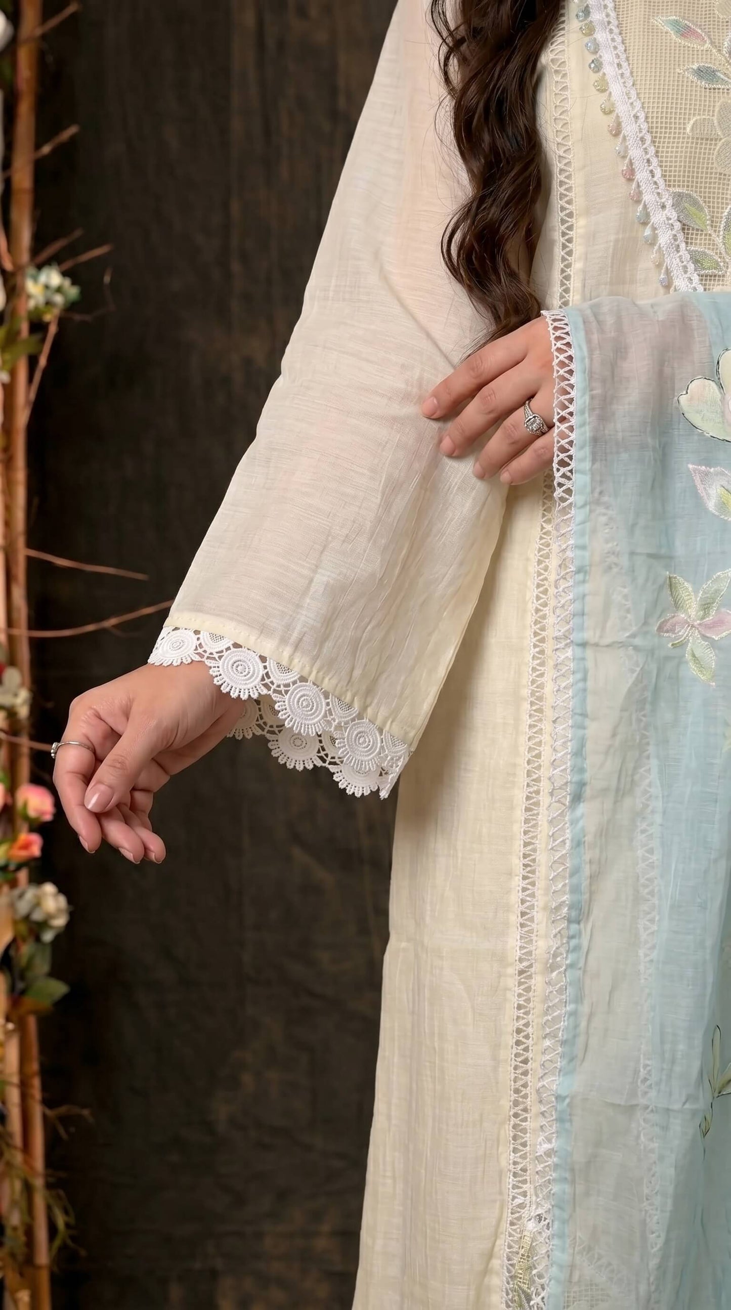 White Floral Ethnic Suit with Embroidered Mull Cotton Blue Dupatta