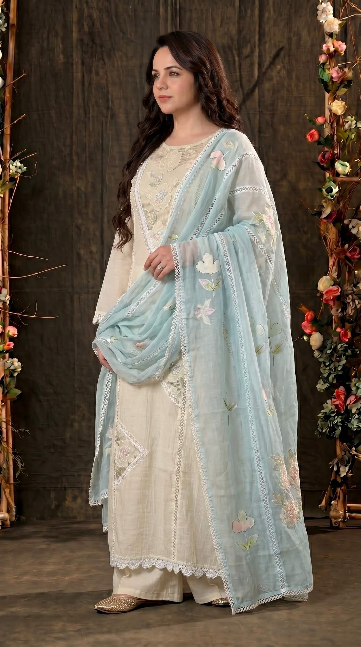White Floral Ethnic Suit with Embroidered Mull Cotton Blue Dupatta