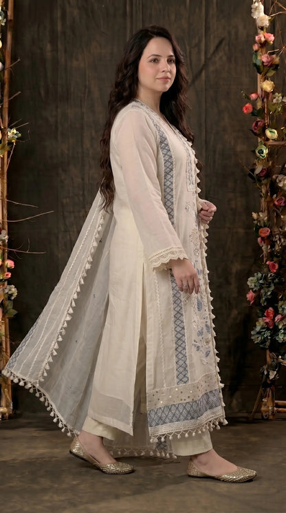 Soft Floral Pakistani Mull Cotton Suit with Blue Embroidery