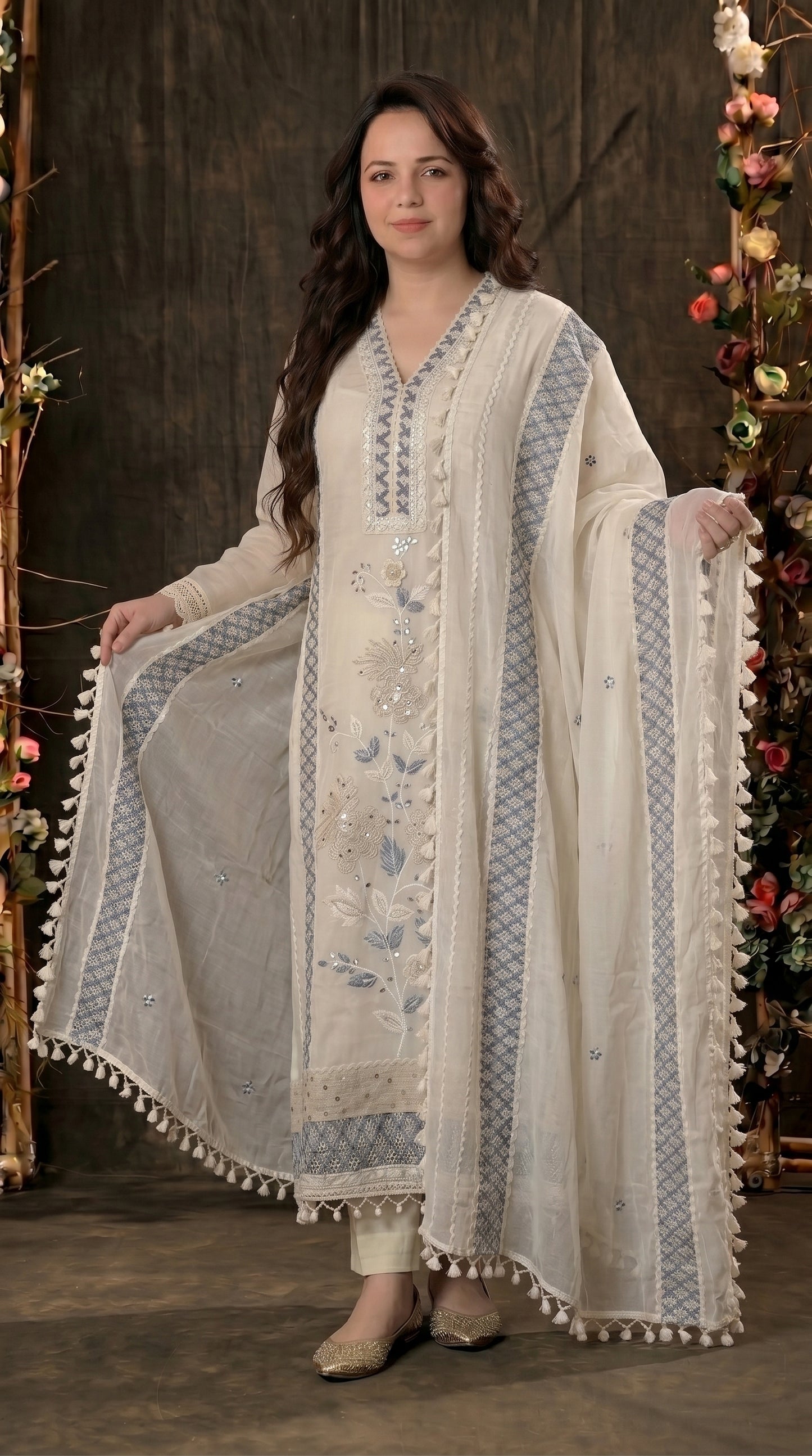 Soft Ivory Floral Pakistani Mull Cotton Suit with Blue Embroidery