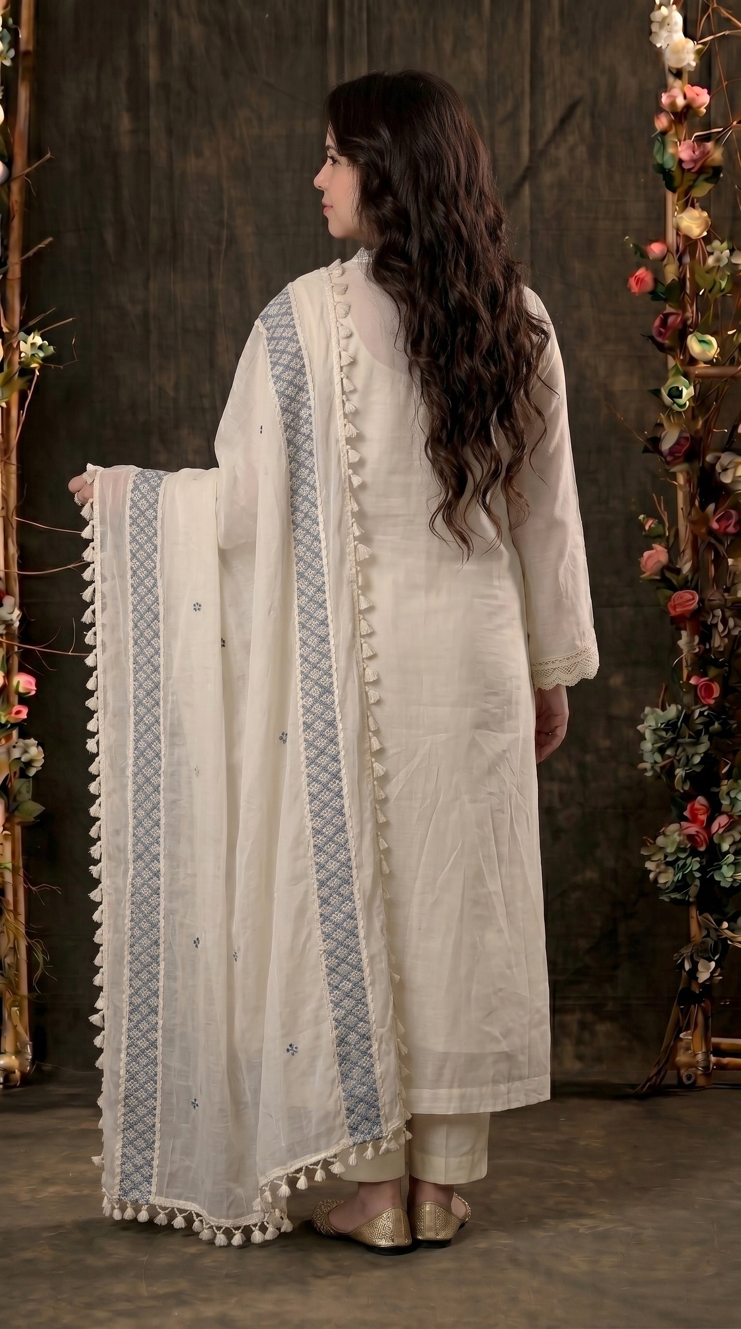 Soft Ivory Floral Pakistani Mull Cotton Suit with Blue Embroidery