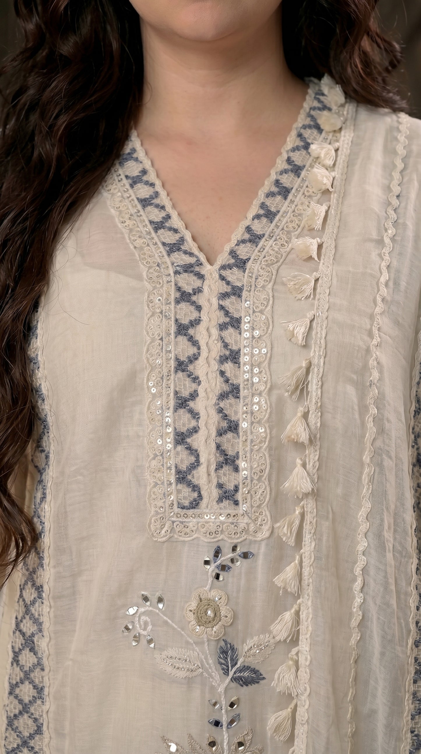Soft Ivory Floral Pakistani Mull Cotton Suit with Blue Embroidery