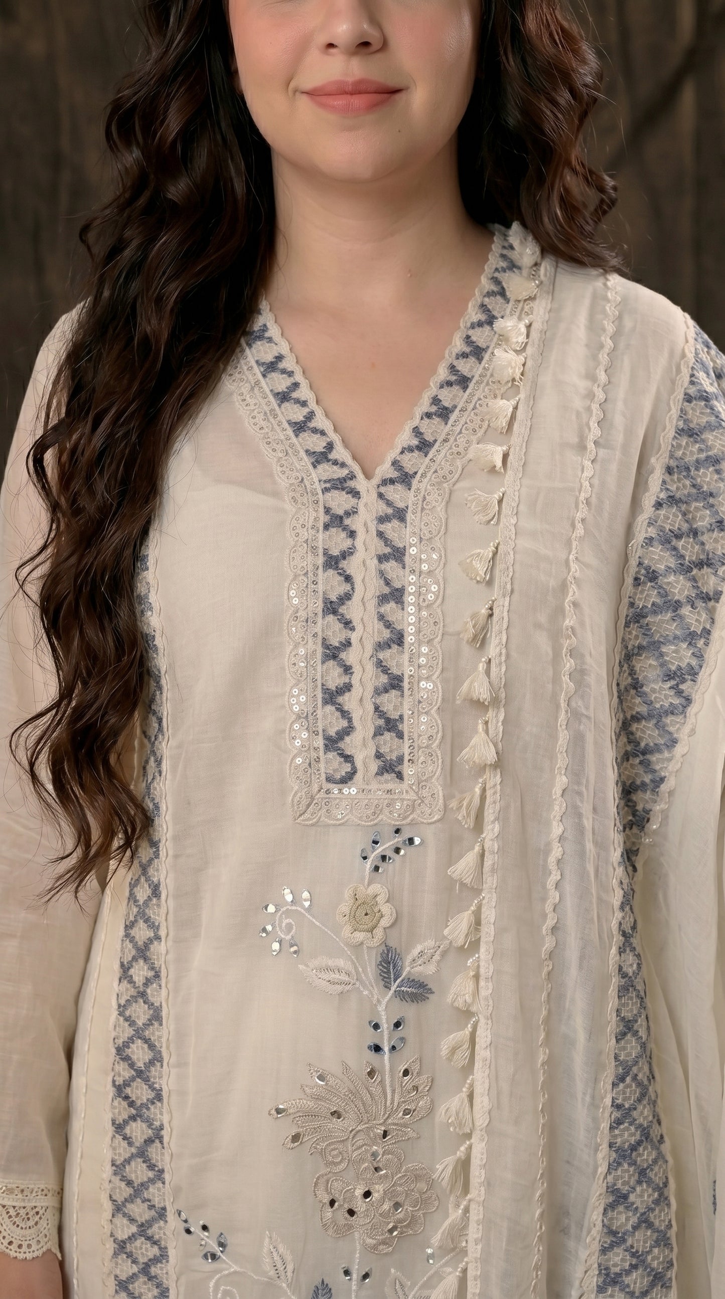 Soft Ivory Floral Pakistani Mull Cotton Suit with Blue Embroidery