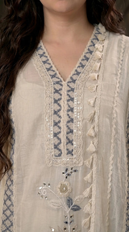 Soft Floral Pakistani Mull Cotton Suit with Blue Embroidery