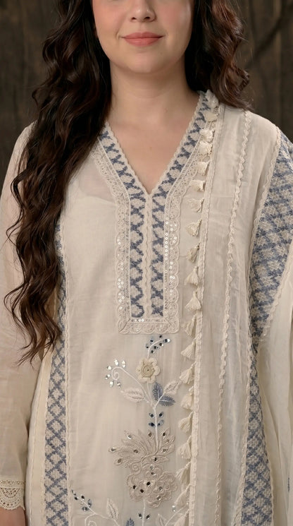 Soft Floral Pakistani Mull Cotton Suit with Blue Embroidery