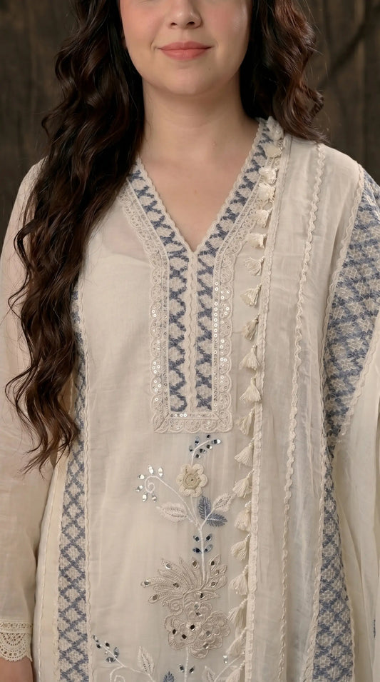 Soft Floral Pakistani Mull Cotton Suit with Blue Embroidery