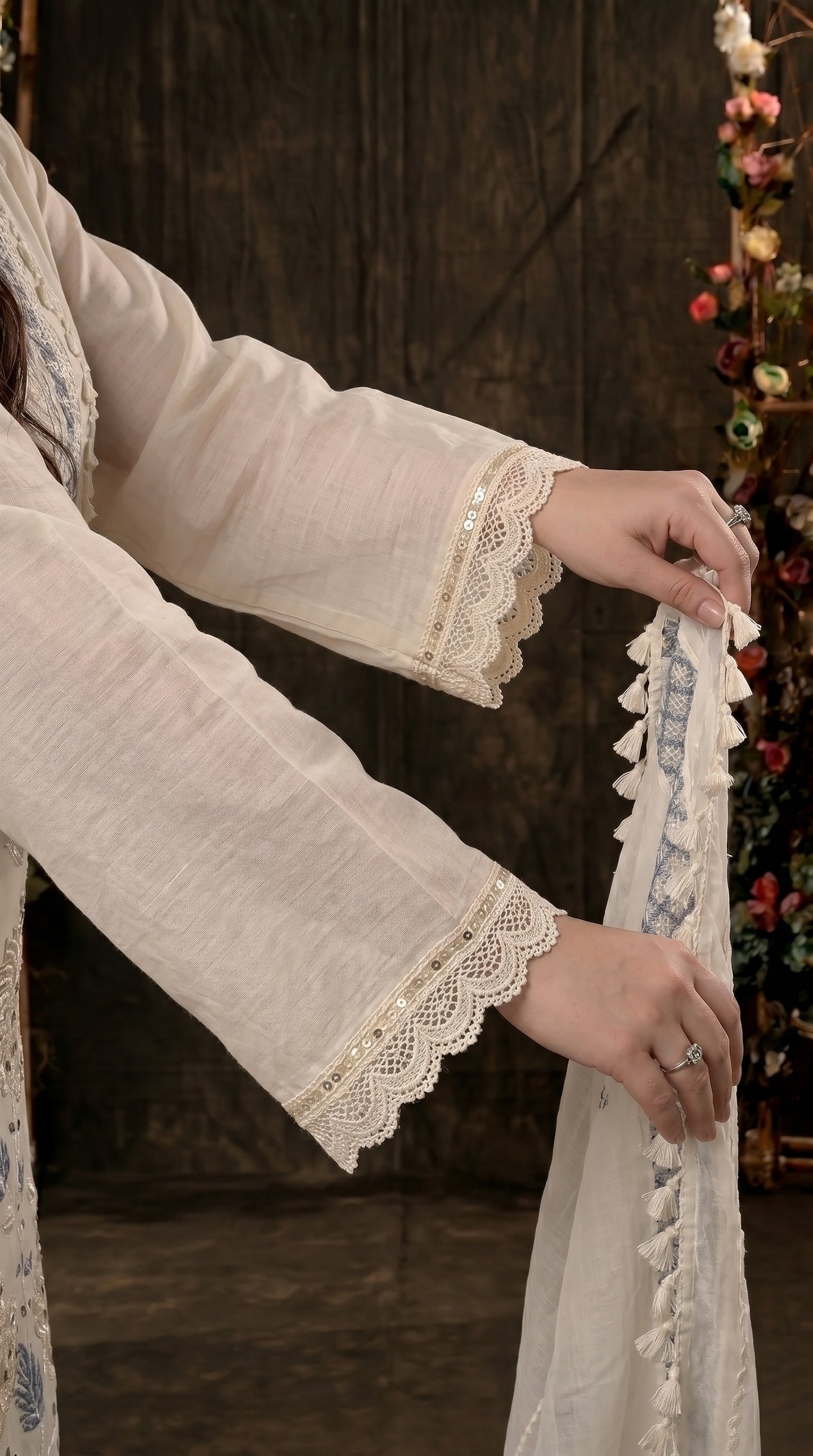 Soft Ivory Floral Pakistani Mull Cotton Suit with Blue Embroidery