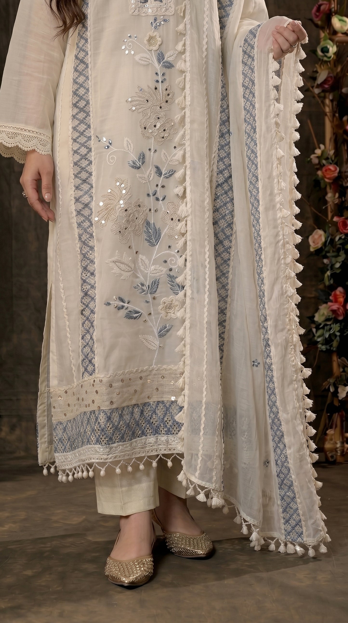 Soft Ivory Floral Pakistani Mull Cotton Suit with Blue Embroidery