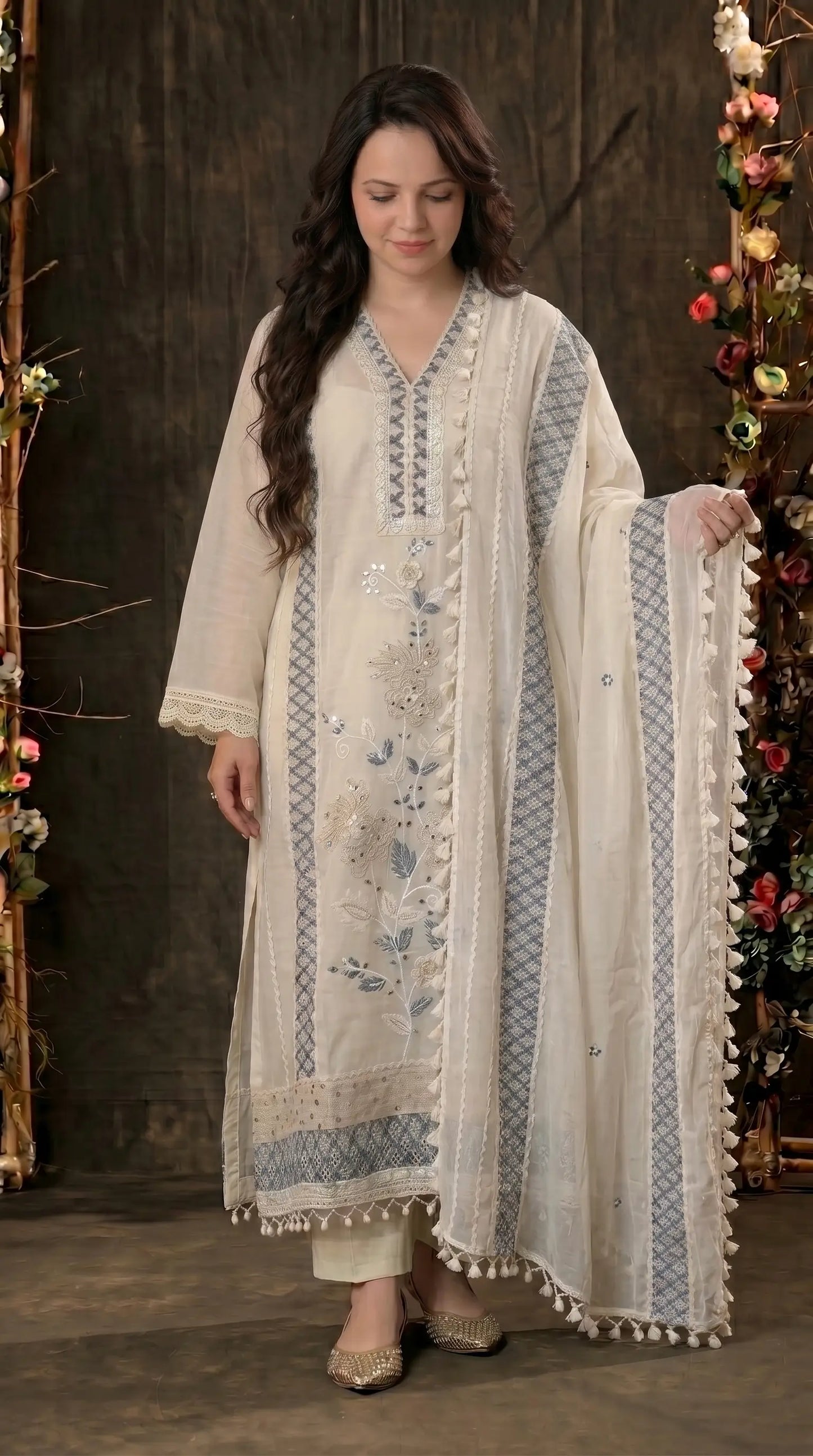 Soft Floral Pakistani Mull Cotton Suit with Blue Embroidery