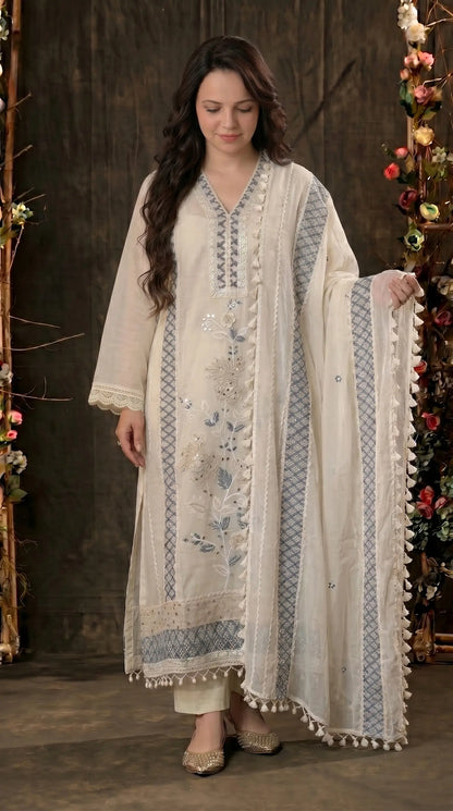 Soft Floral Pakistani Mull Cotton Suit with Blue Embroidery