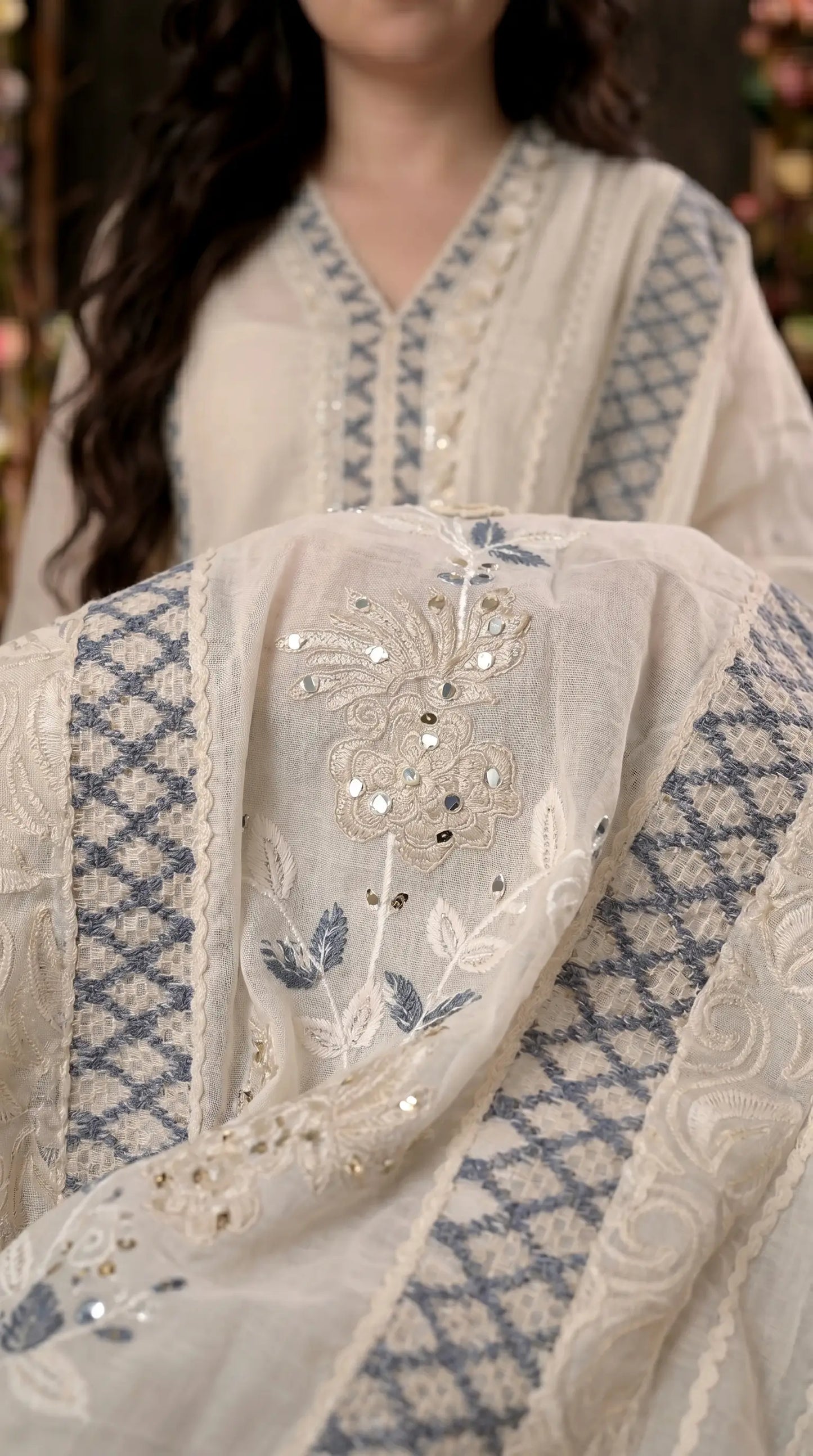 Soft Floral Pakistani Mull Cotton Suit with Blue Embroidery